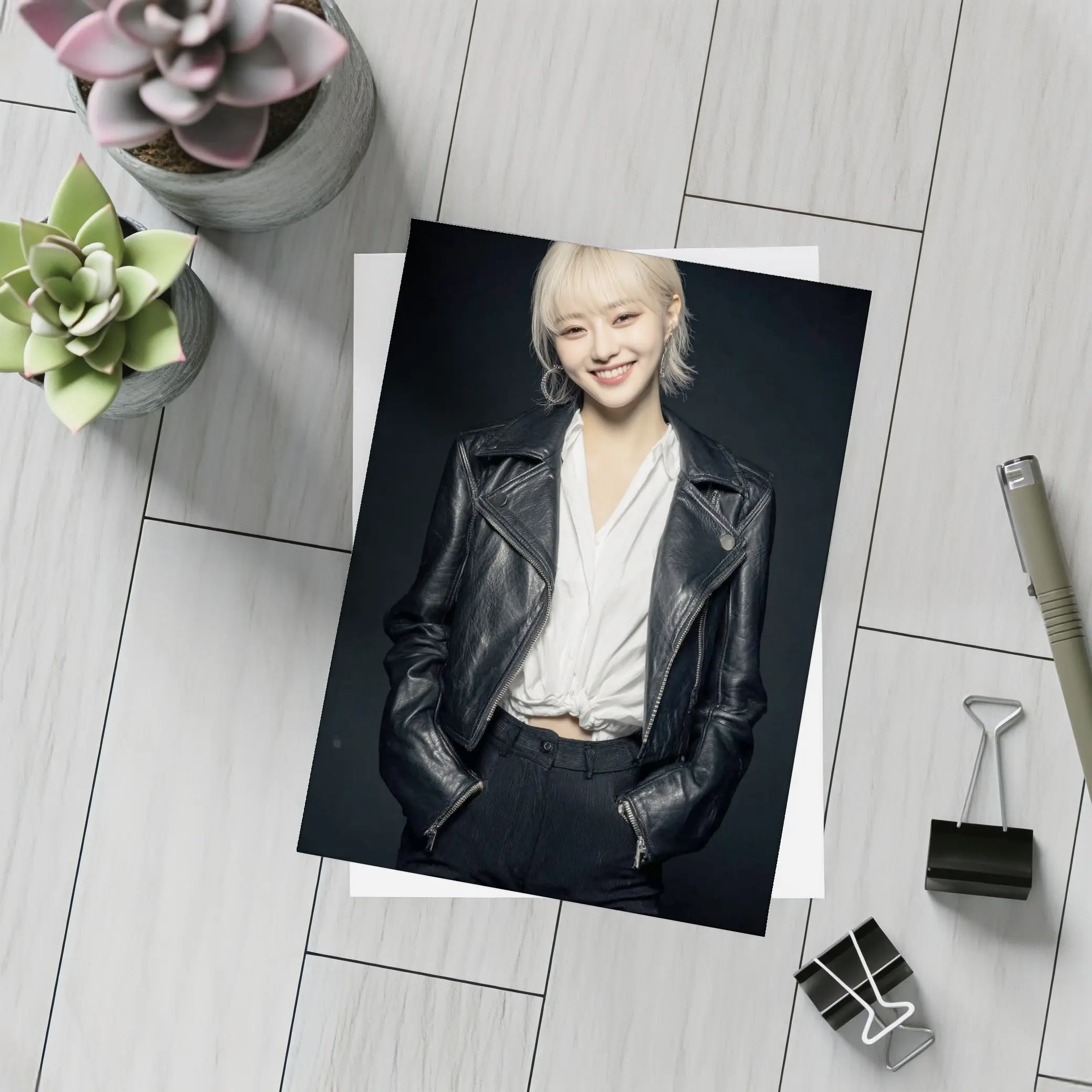 Smiling Young Woman Black Leather Jacket Dark – Postcards