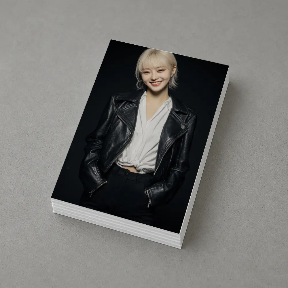Smiling Young Woman Black Leather Jacket Dark – Postcards