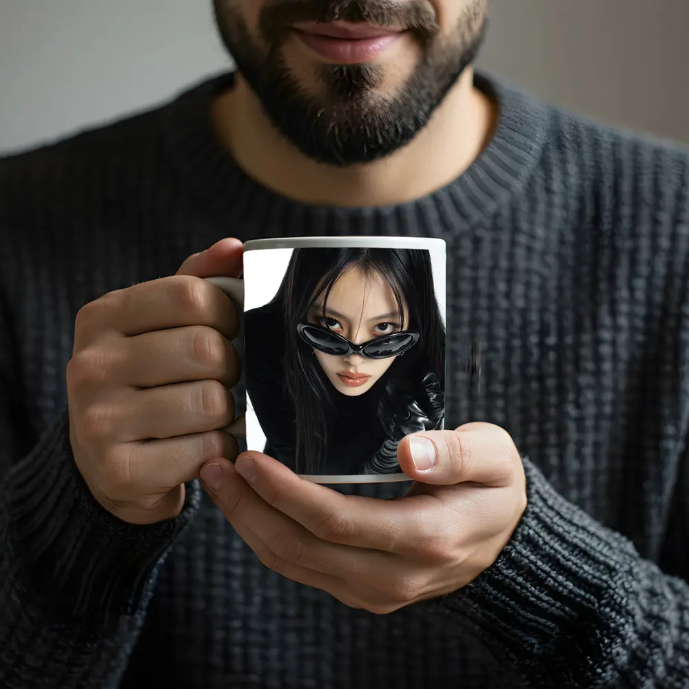 Asian Woman Black Sunglasses Leather Gloves Portrait – Mugs