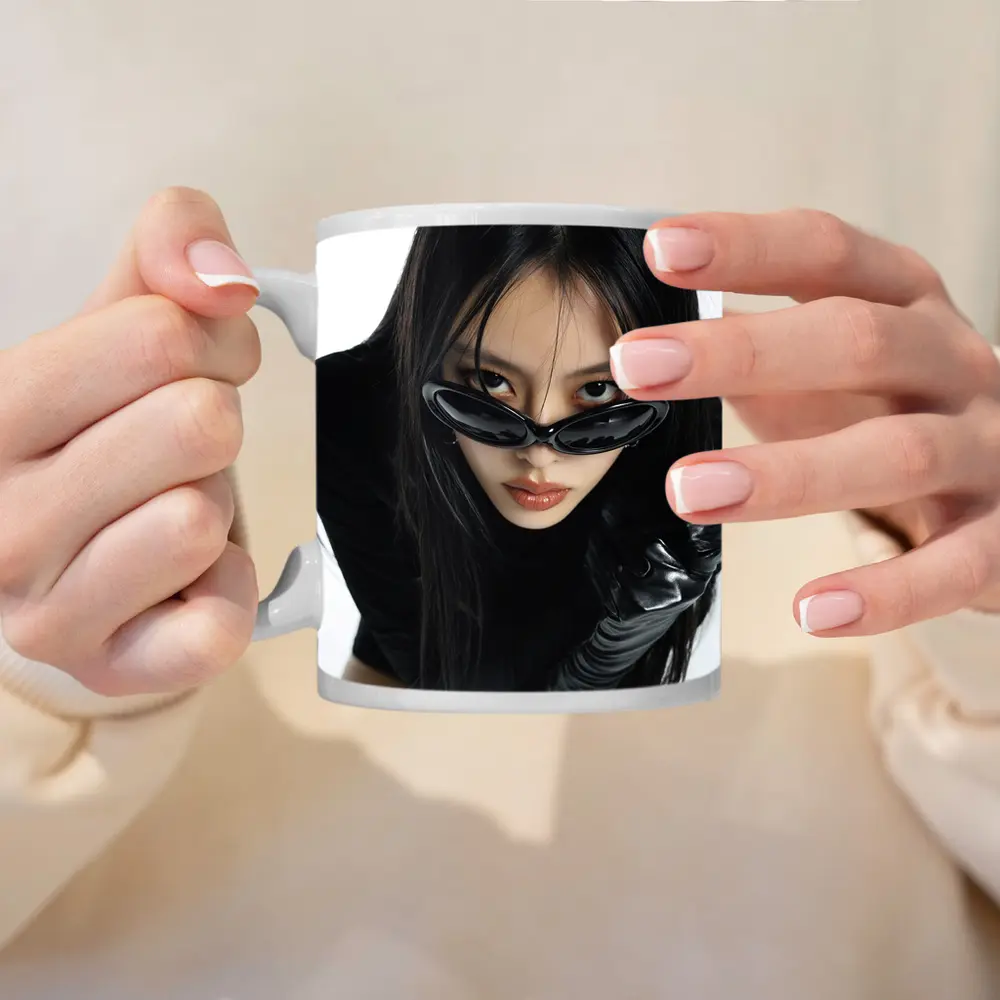 Asian Woman Black Sunglasses Leather Gloves Portrait – Mugs