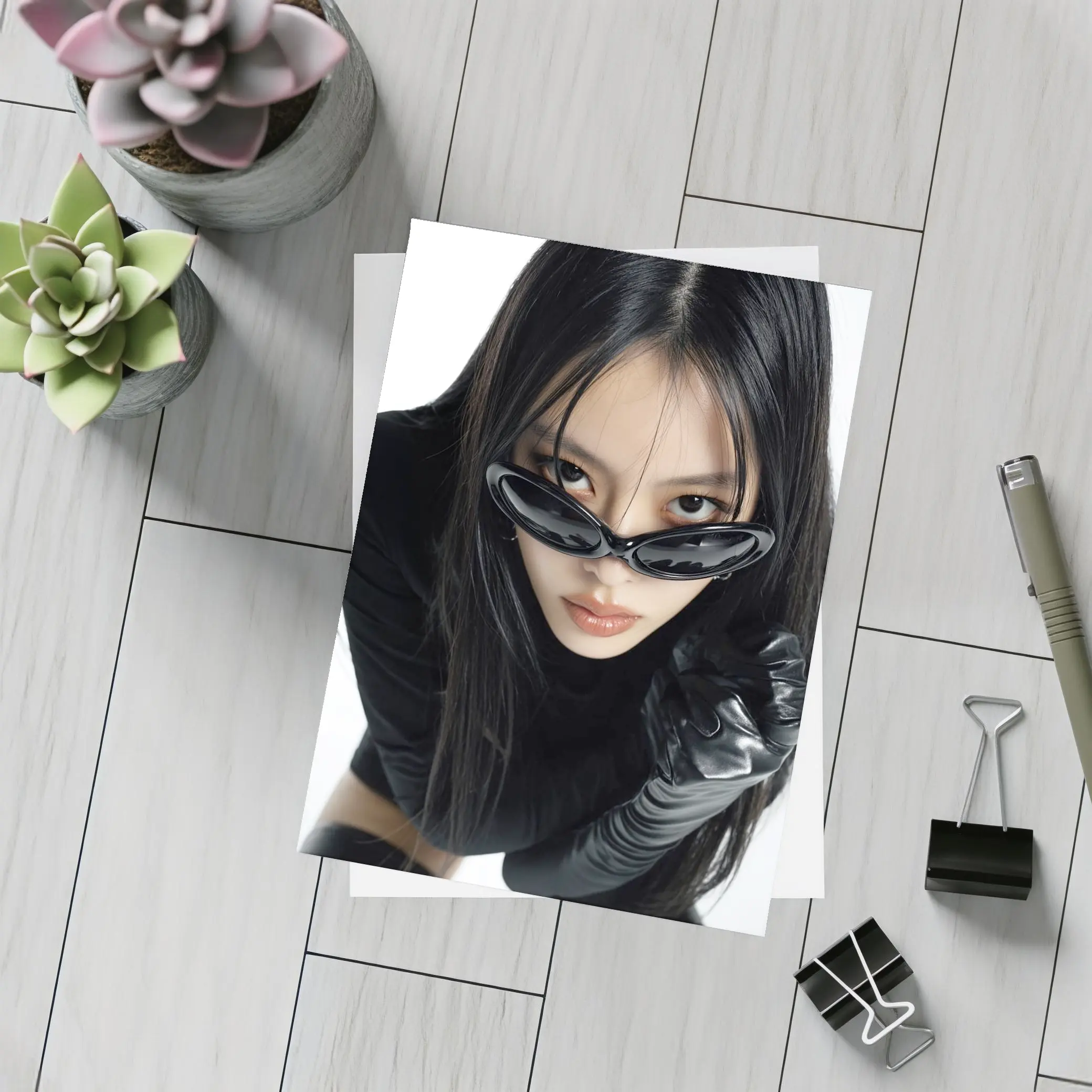 Asian Woman Black Sunglasses Leather Gloves Portrait – Postcards