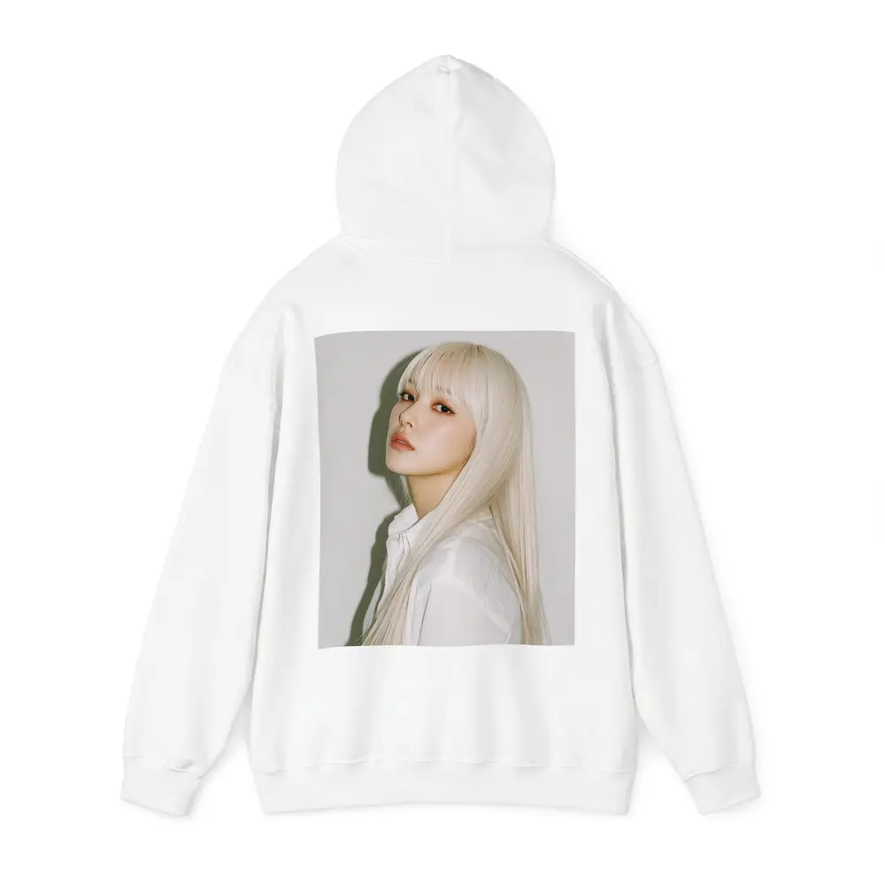 Platinum Blonde Hair Woman White Background Portrait – Hoodies