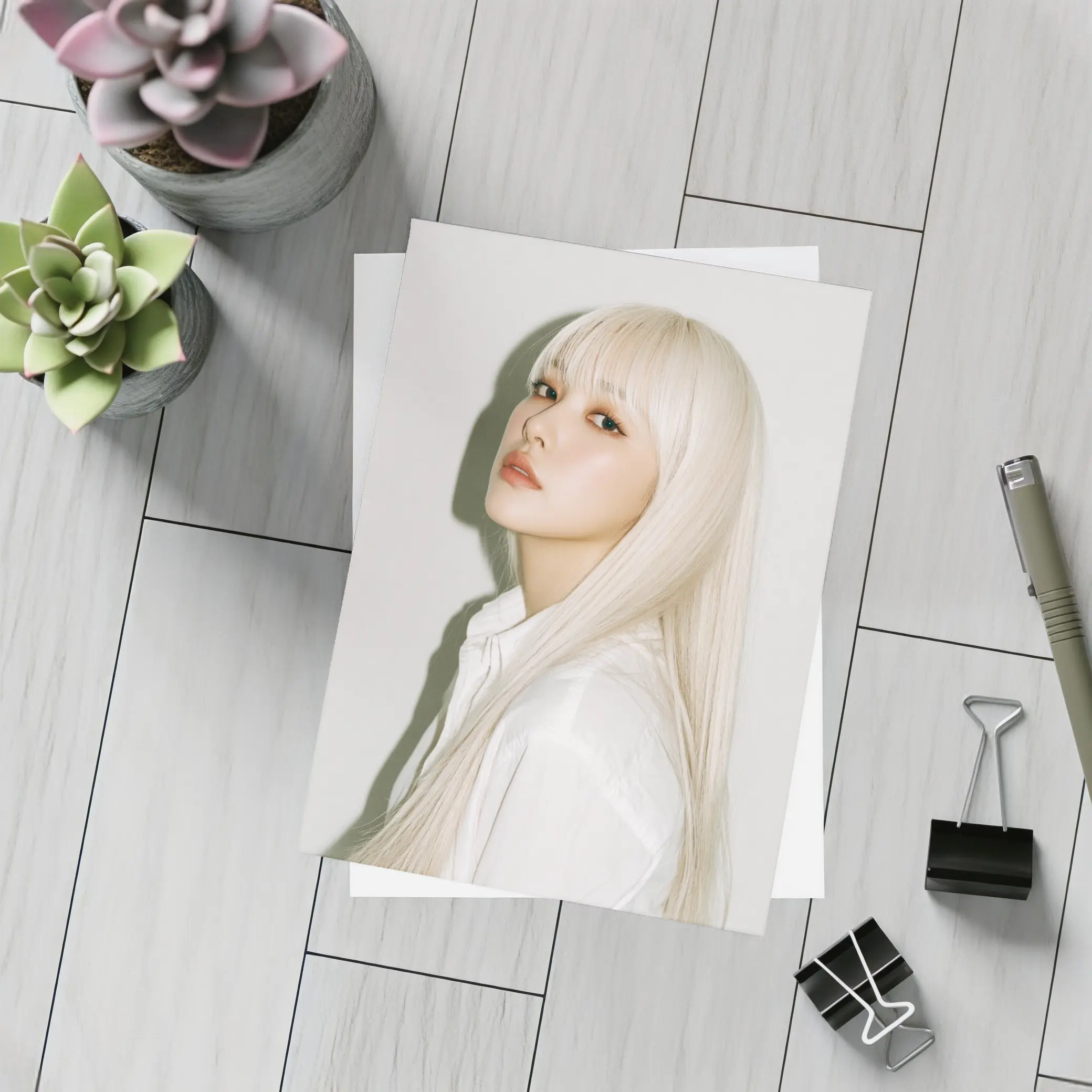 Platinum Blonde Hair Woman White Background Portrait – Postcards