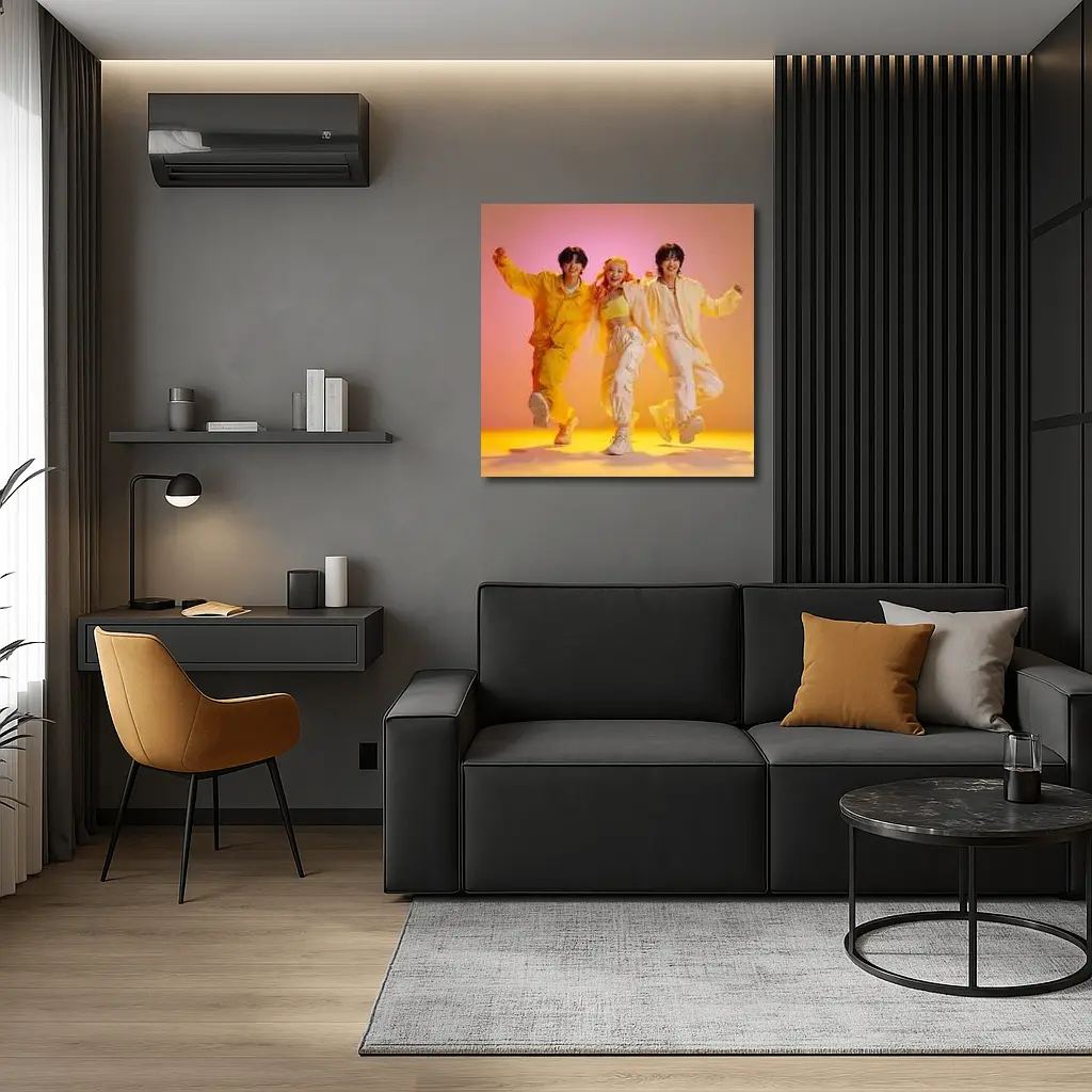 K-Pop Group Dancing Yellow Pink Background – Wall Art