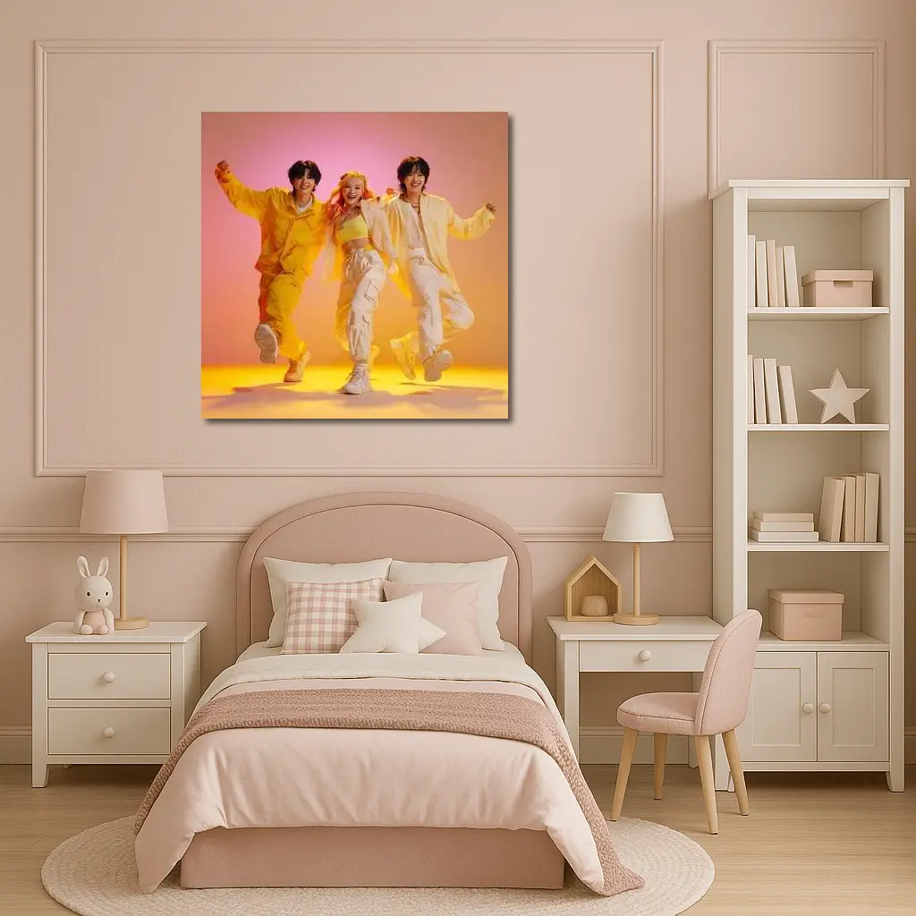K-Pop Group Dancing Yellow Pink Background – Wall Art