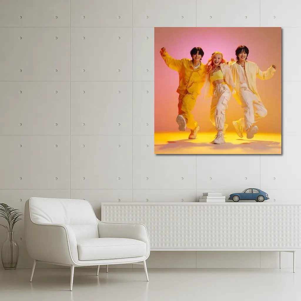 K-Pop Group Dancing Yellow Pink Background – Wall Art