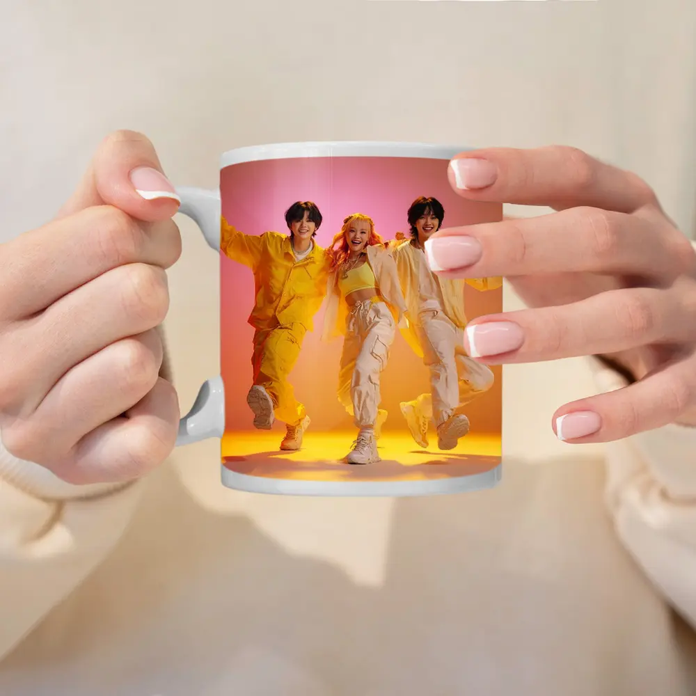 K-Pop Group Dancing Yellow Pink Background – Mugs