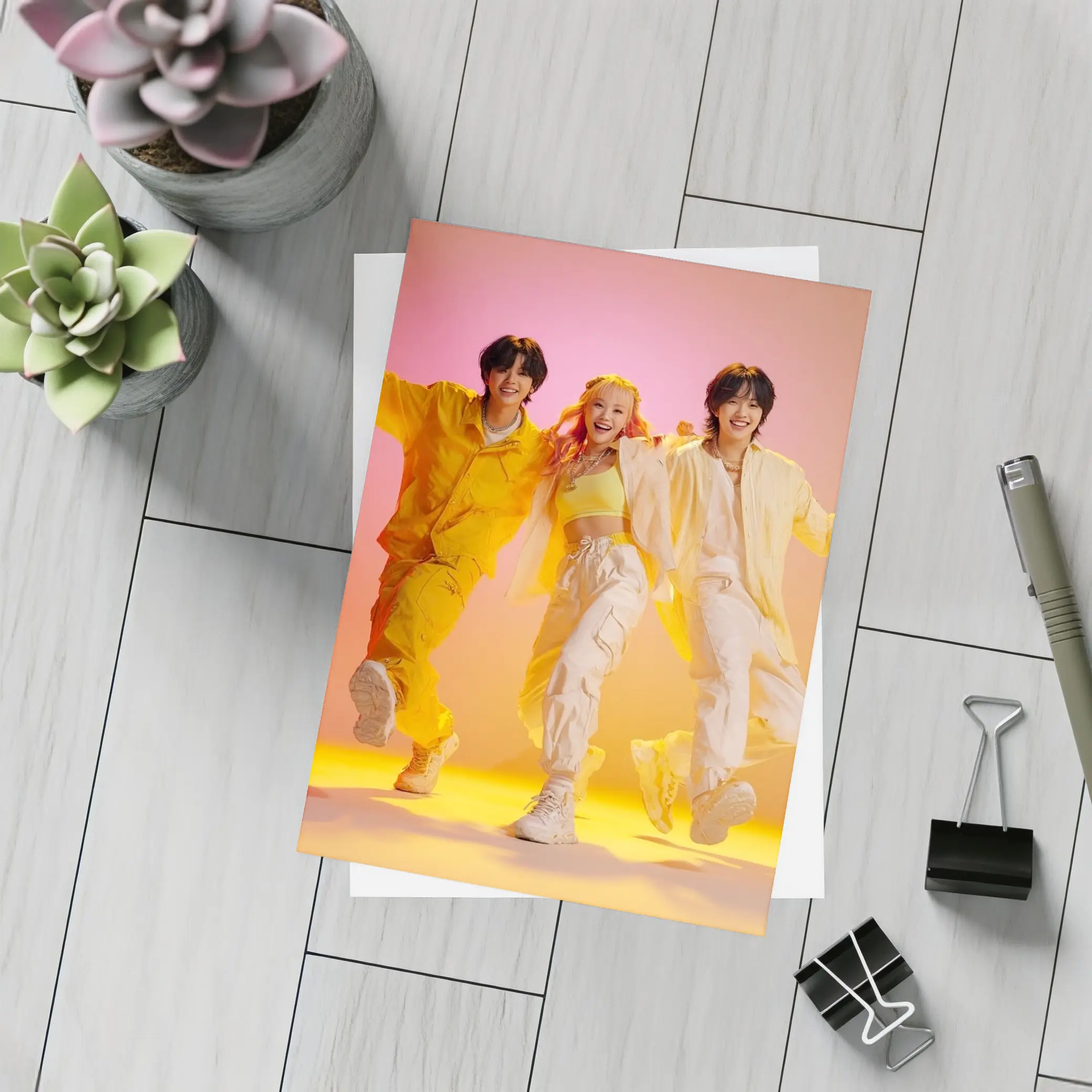 K-Pop Group Dancing Yellow Pink Background – Postcards