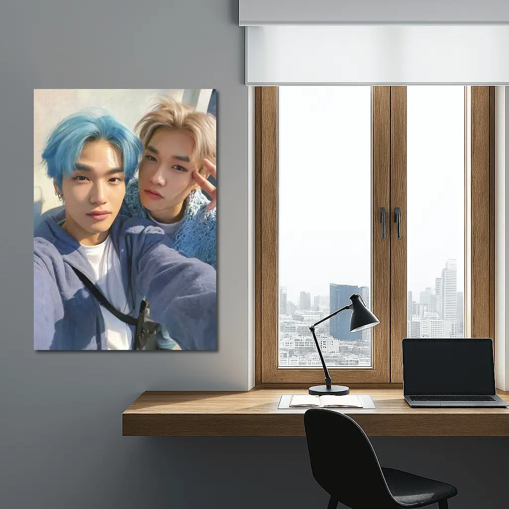 Two K-Pop Idols Blue Hair Pastel Background – Wall Art