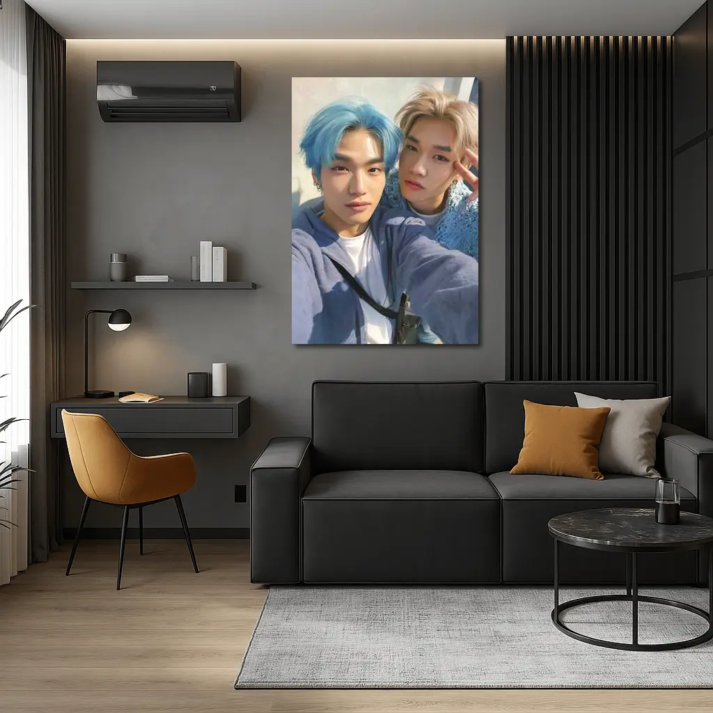Two K-Pop Idols Blue Hair Pastel Background – Wall Art