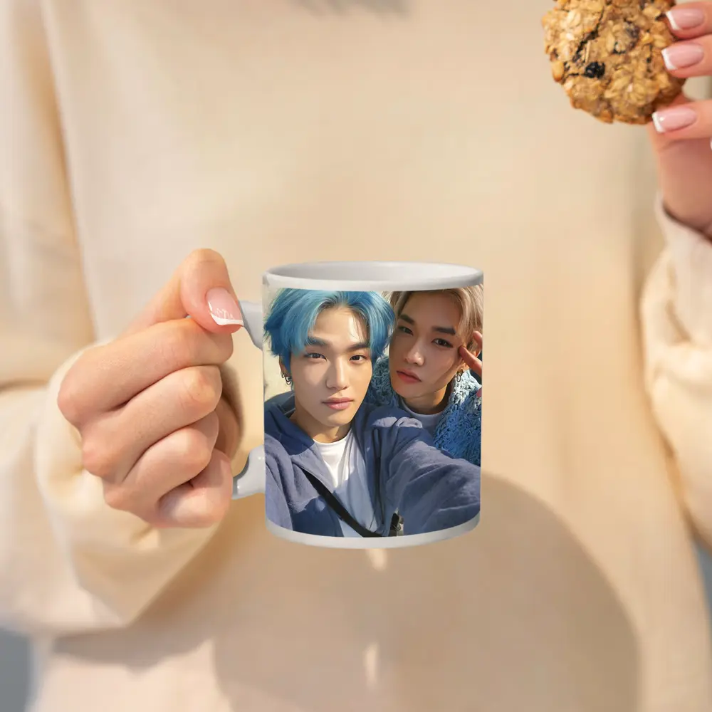 Two K-Pop Idols Blue Hair Pastel Background – Mugs