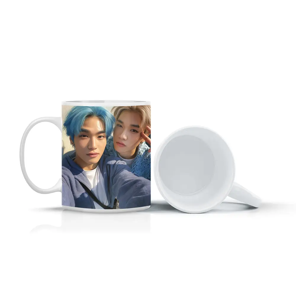 Two K-Pop Idols Blue Hair Pastel Background – Mugs