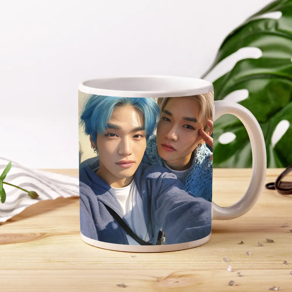 Two K-Pop Idols Blue Hair Pastel Background – Mugs