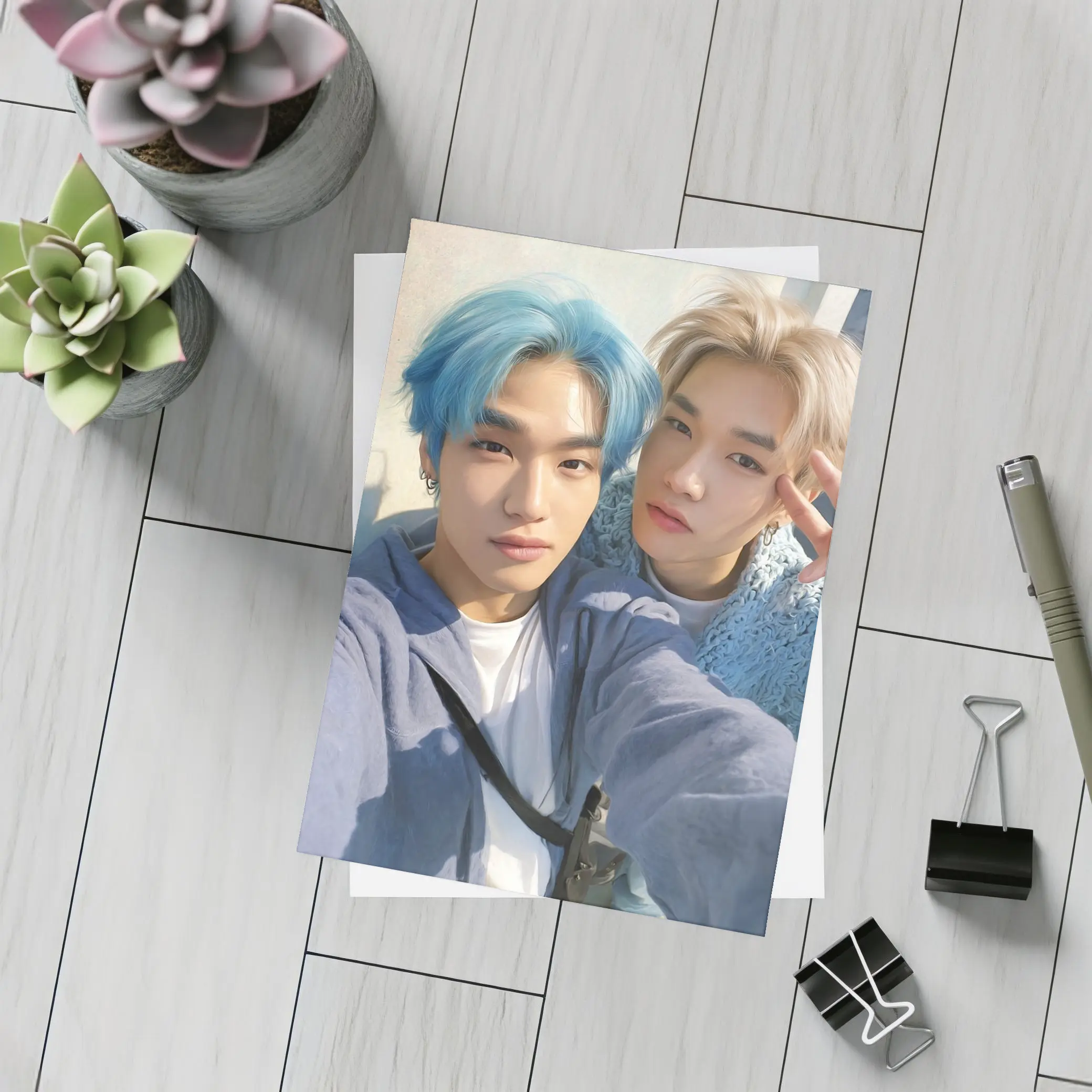 Two K-Pop Idols Blue Hair Pastel Background – Postcards