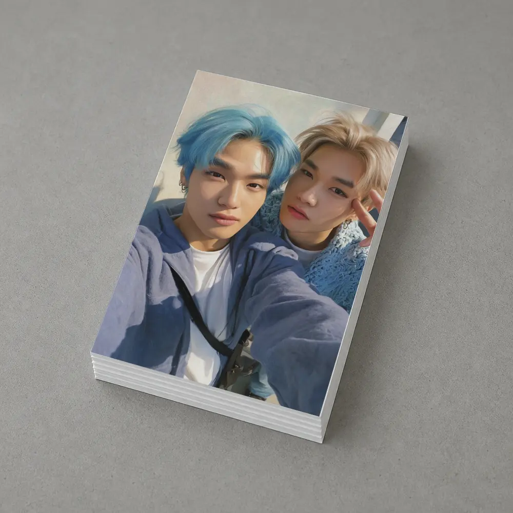 Two K-Pop Idols Blue Hair Pastel Background – Postcards