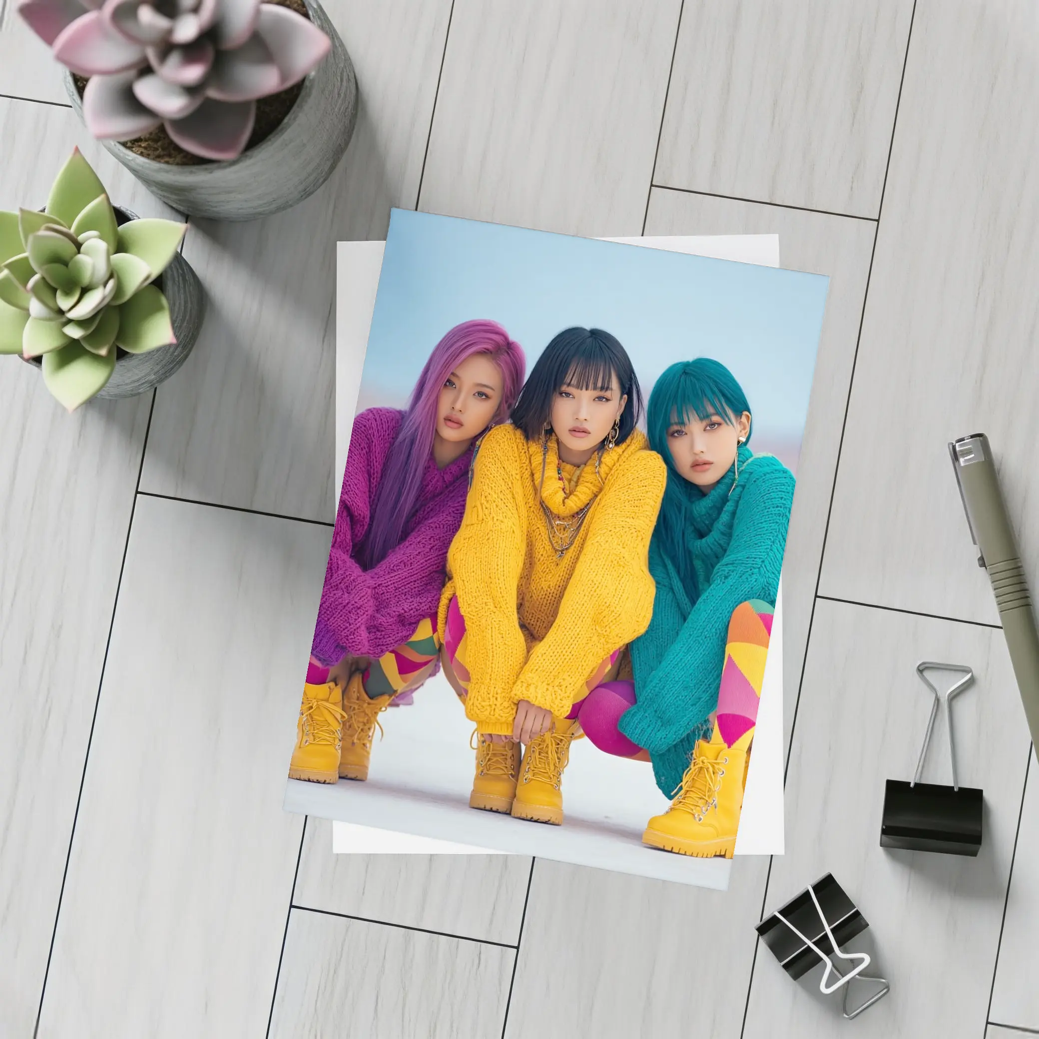 Three K-Pop Girls Colorful Sweaters Winter – Postcards