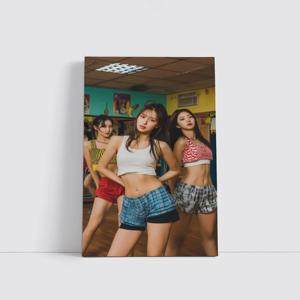 K-Pop Girls Dancing in Colorful Studio – Wall Art
