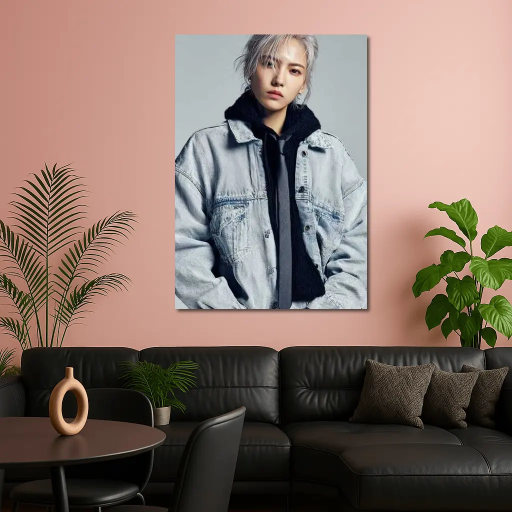 Silver Haired Person Denim Jacket Gray Background – Wall Art