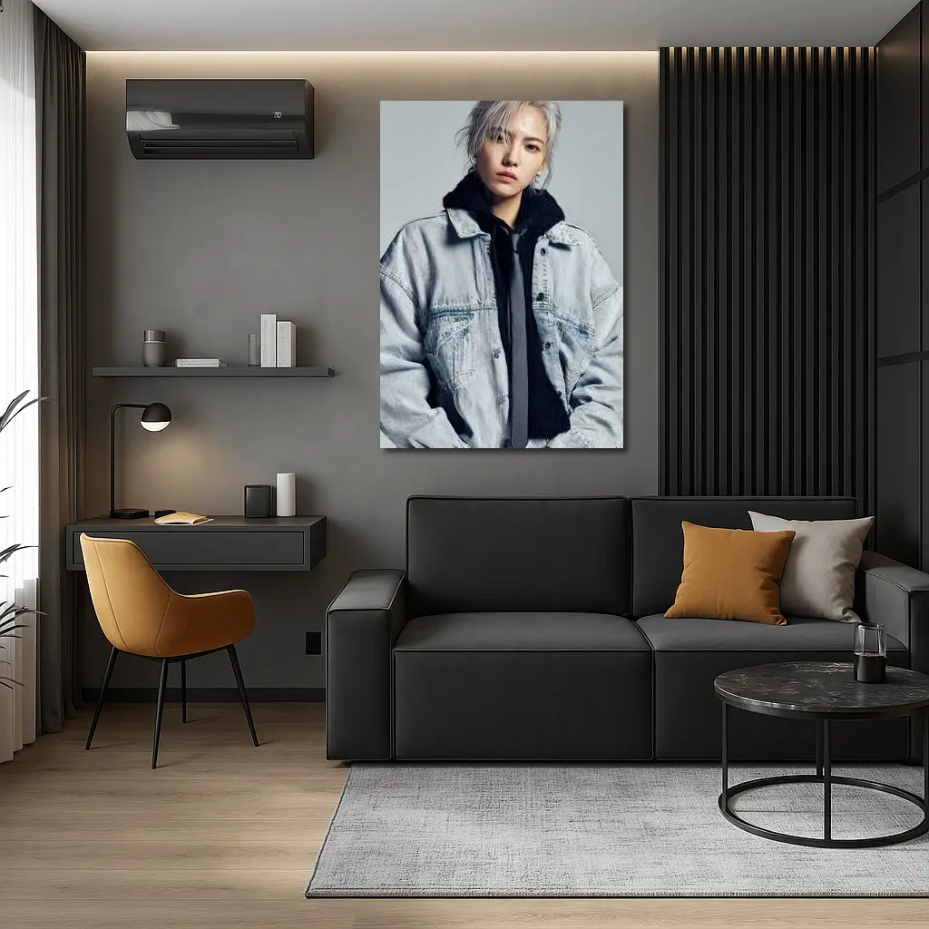 Silver Haired Person Denim Jacket Gray Background – Wall Art
