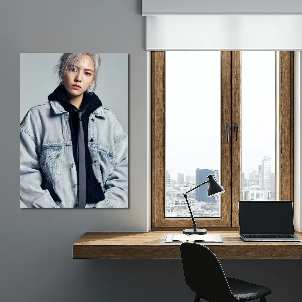 Silver Haired Person Denim Jacket Gray Background – Wall Art