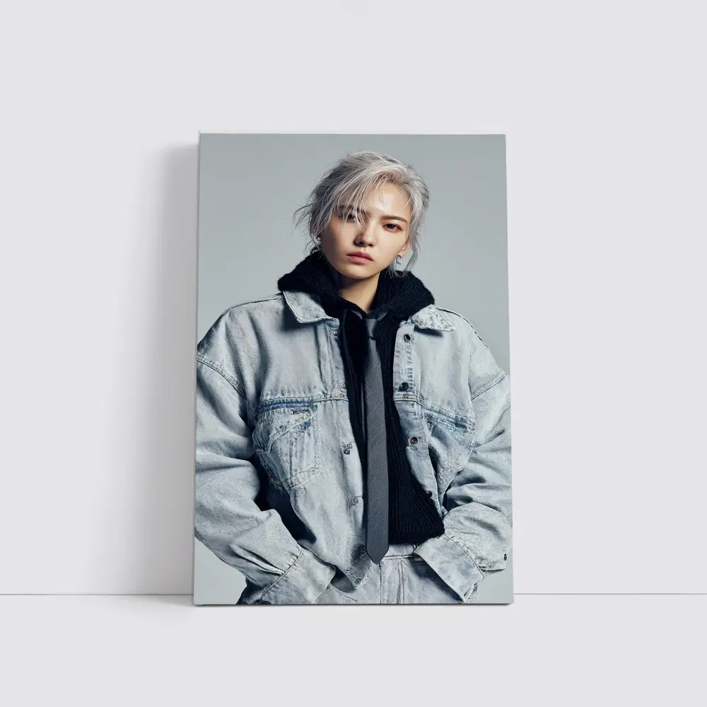 Silver Haired Person Denim Jacket Gray Background – Wall Art