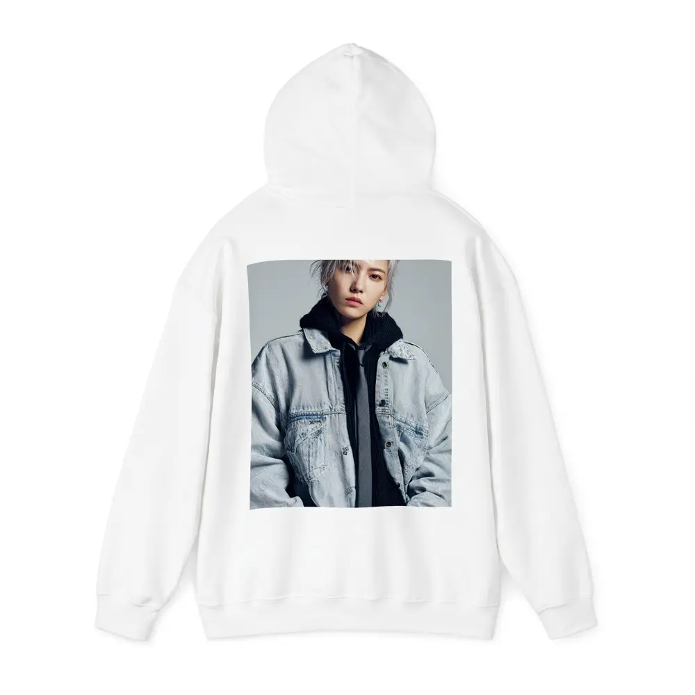 Silver Haired Person Denim Jacket Gray Background – Hoodies
