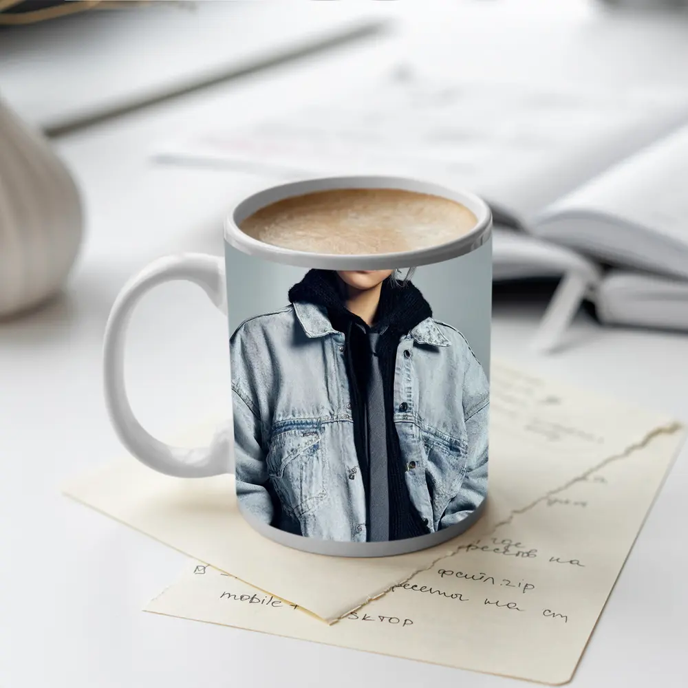 Silver Haired Person Denim Jacket Gray Background – Mugs