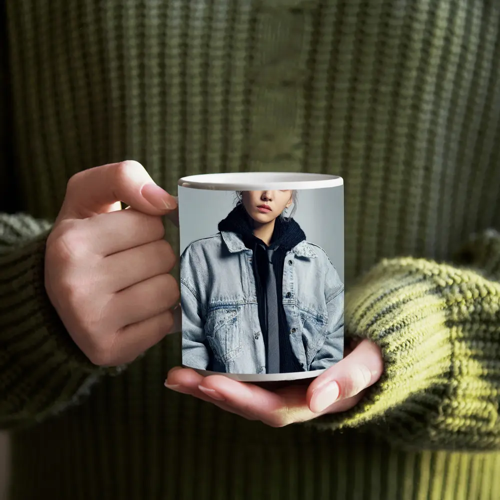 Silver Haired Person Denim Jacket Gray Background – Mugs