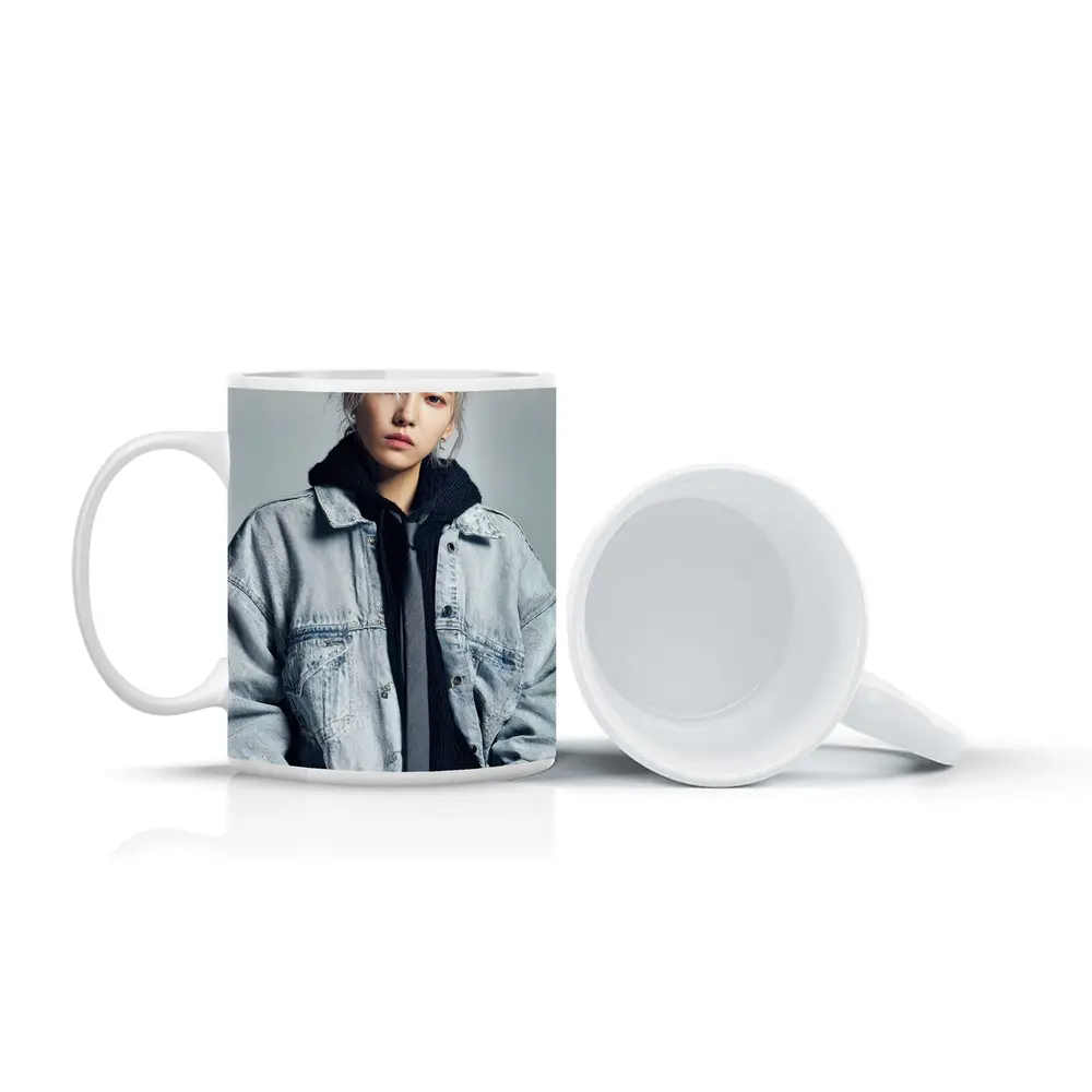 Silver Haired Person Denim Jacket Gray Background – Mugs