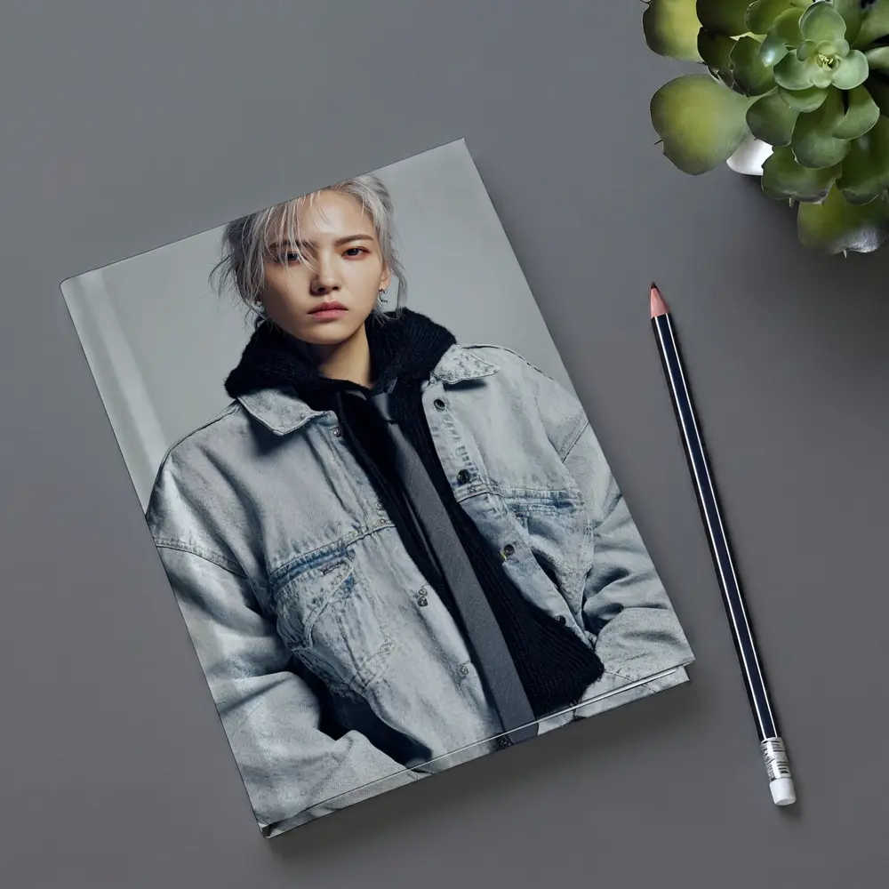 Silver Haired Person Denim Jacket Gray Background – Notebooks