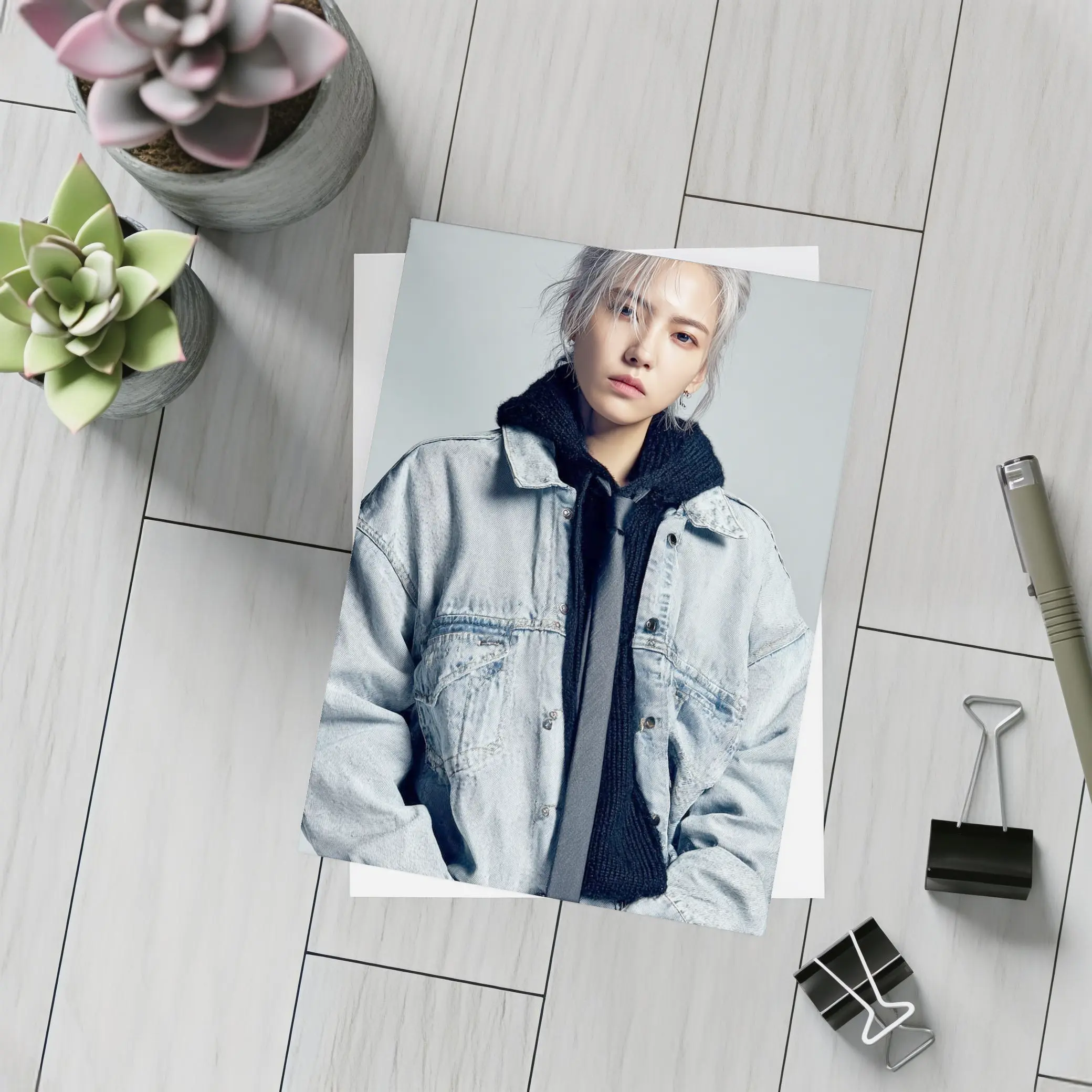 Silver Haired Person Denim Jacket Gray Background – Postcards