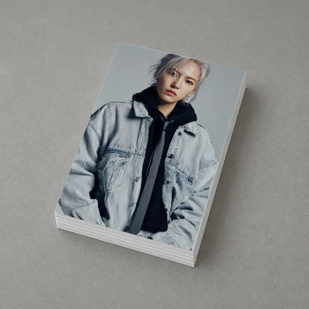 Silver Haired Person Denim Jacket Gray Background – Postcards