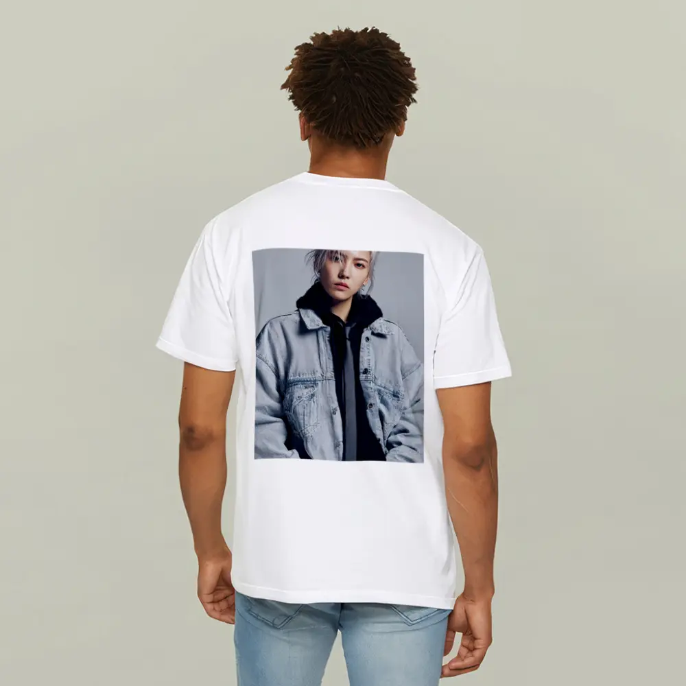 Silver Haired Person Denim Jacket Gray Background – T-Shirts