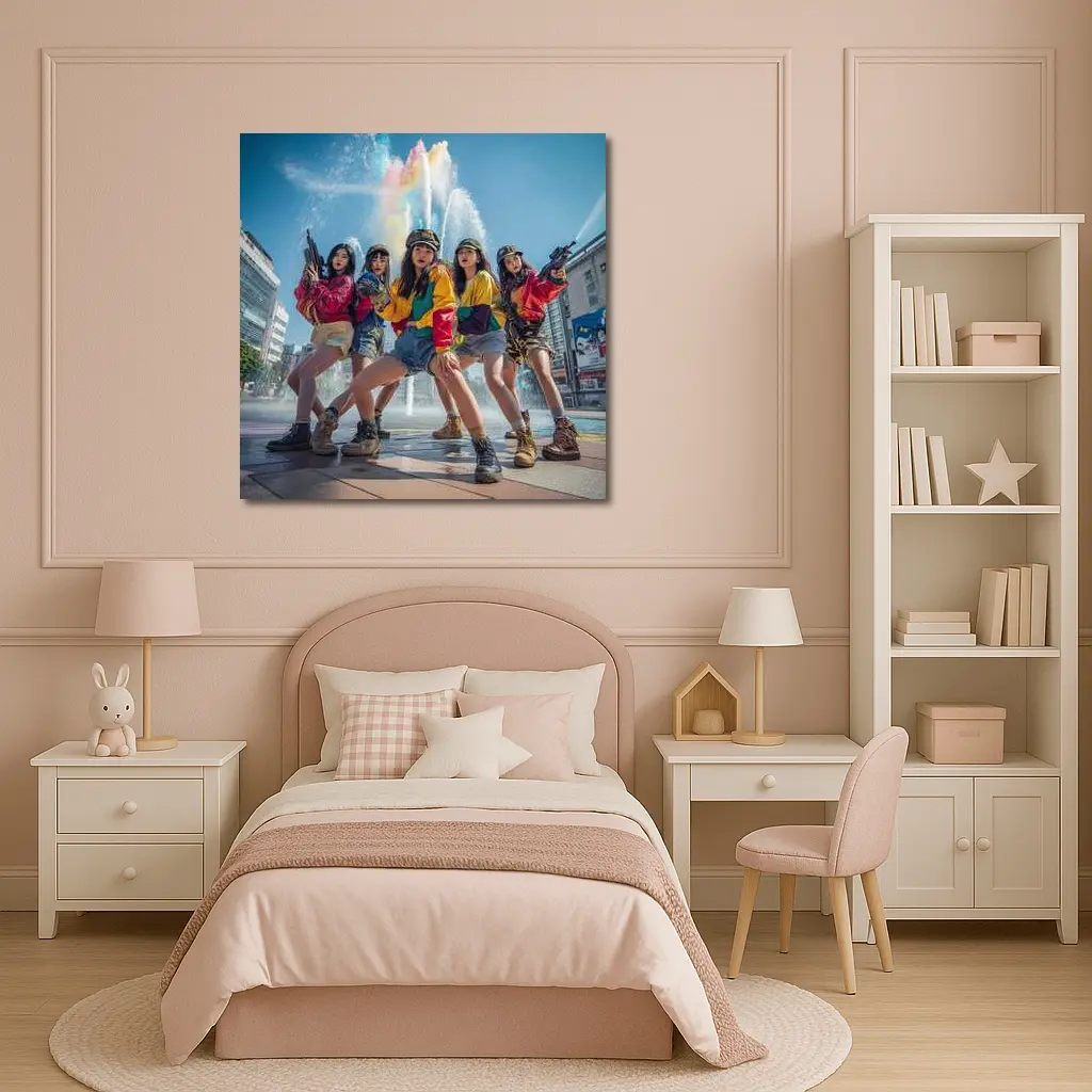 K-Pop Girls Squad Urban Fountain Scene – Wall Art