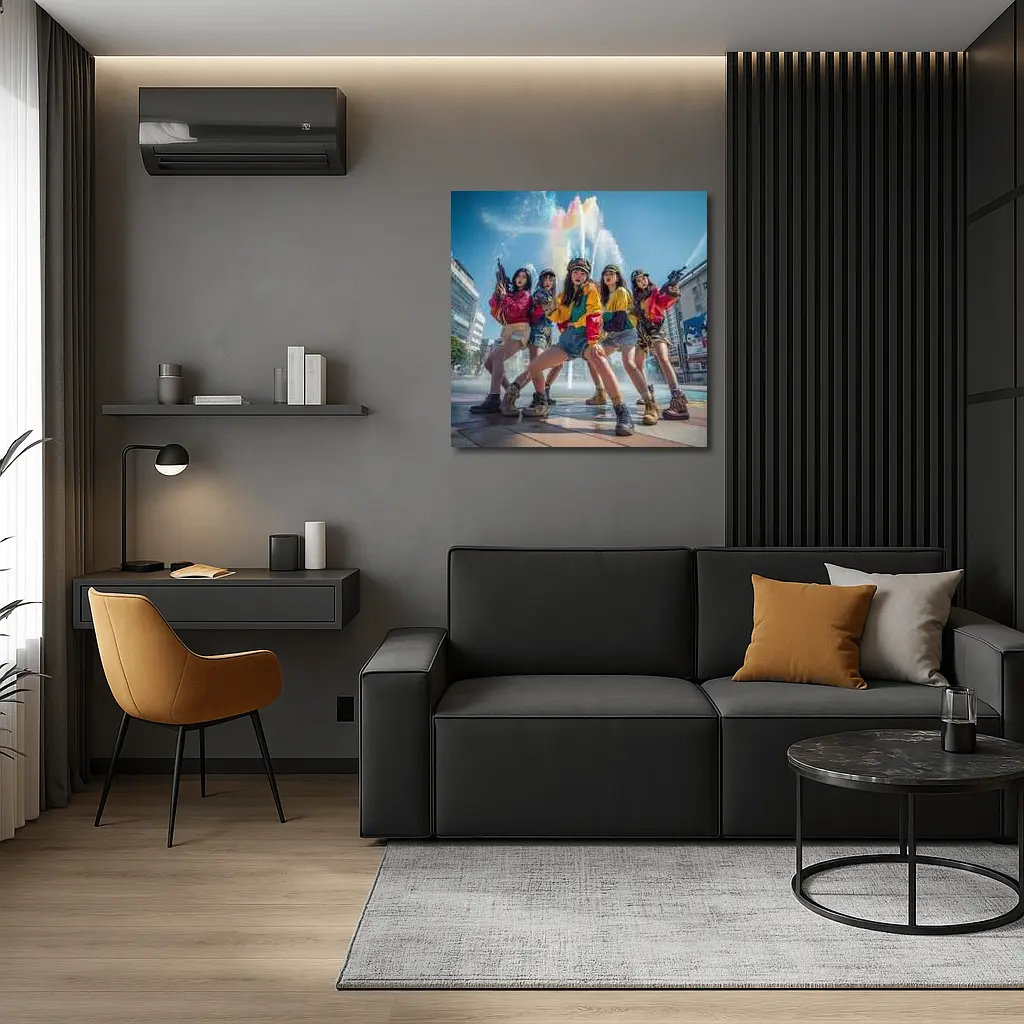 K-Pop Girls Squad Urban Fountain Scene – Wall Art