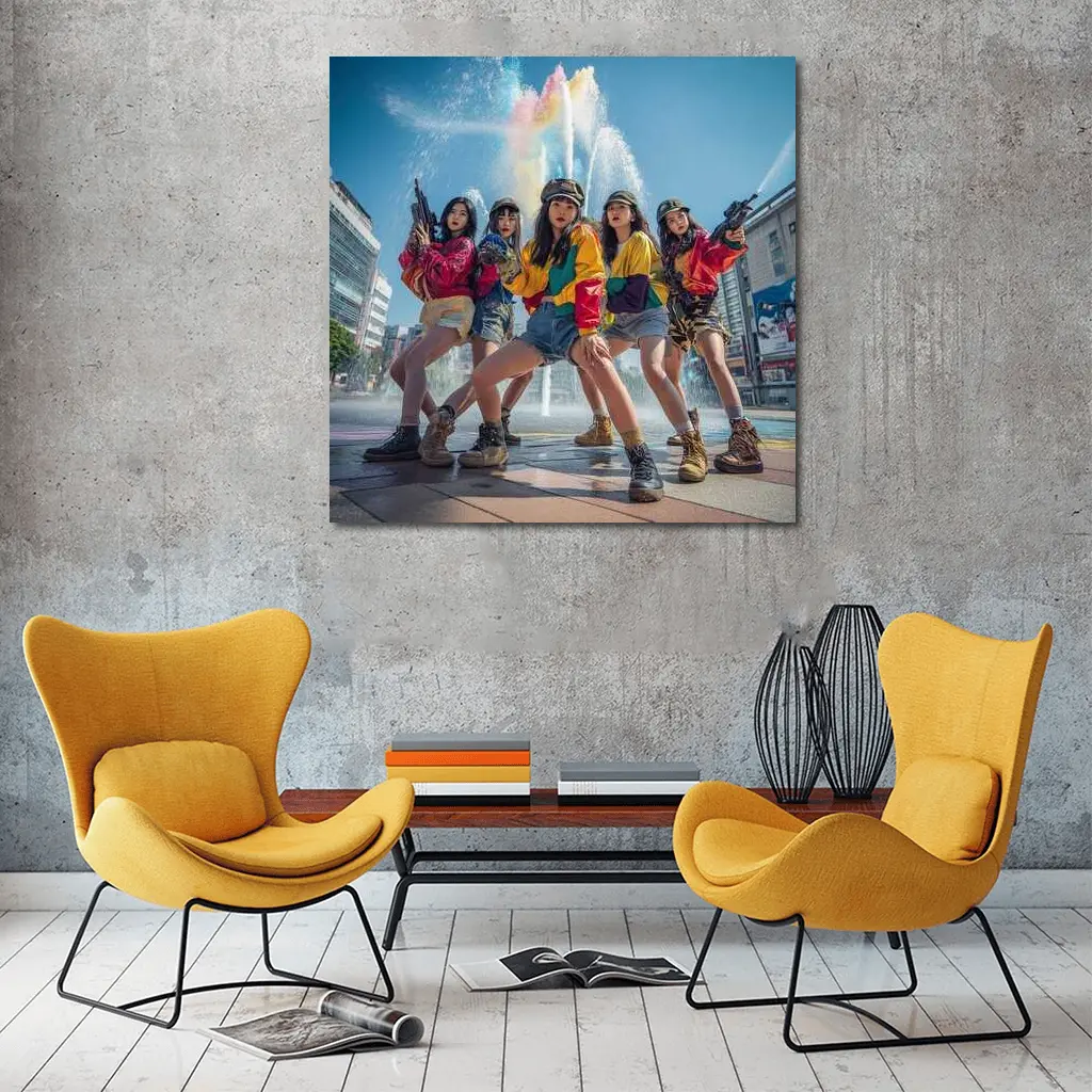 K-Pop Girls Squad Urban Fountain Scene – Wall Art