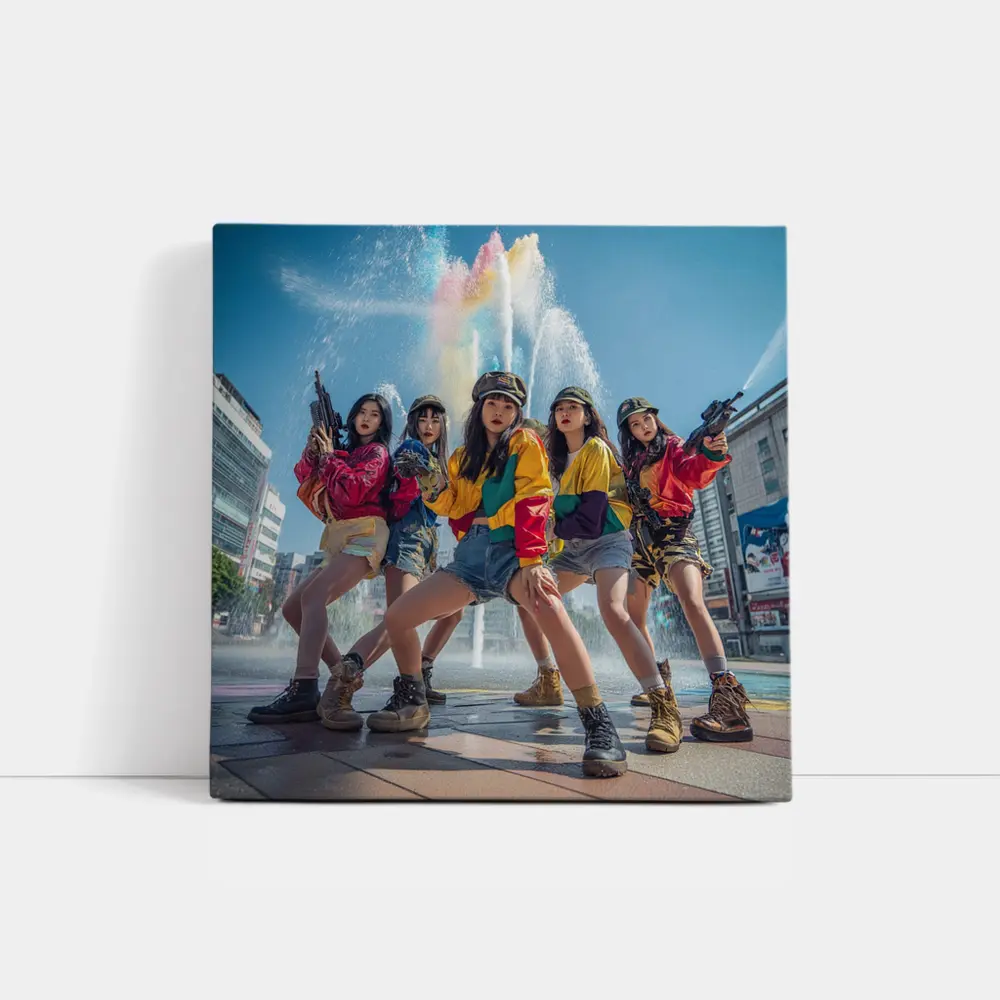 K-Pop Girls Squad Urban Fountain Scene – Wall Art