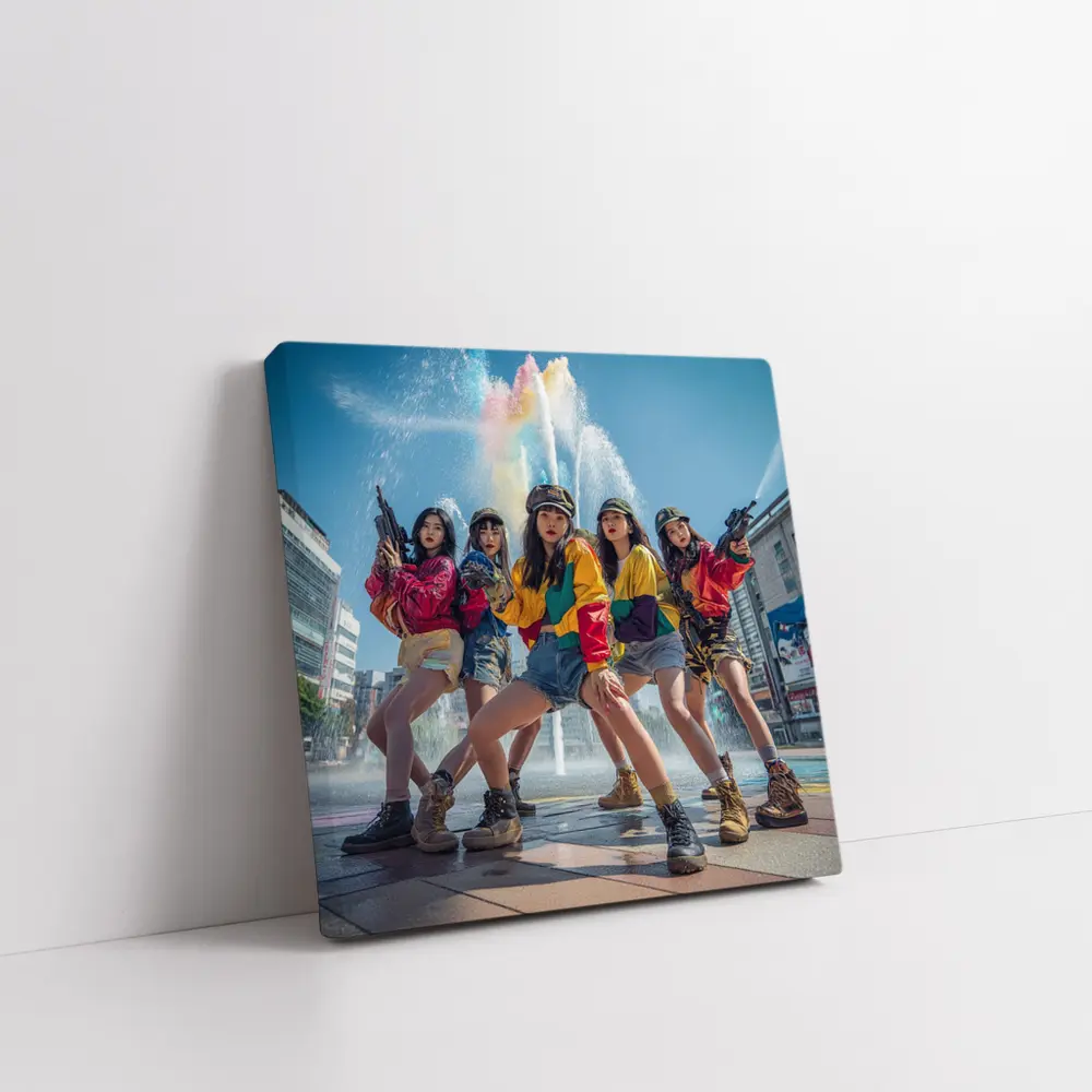 K-Pop Girls Squad Urban Fountain Scene – Wall Art