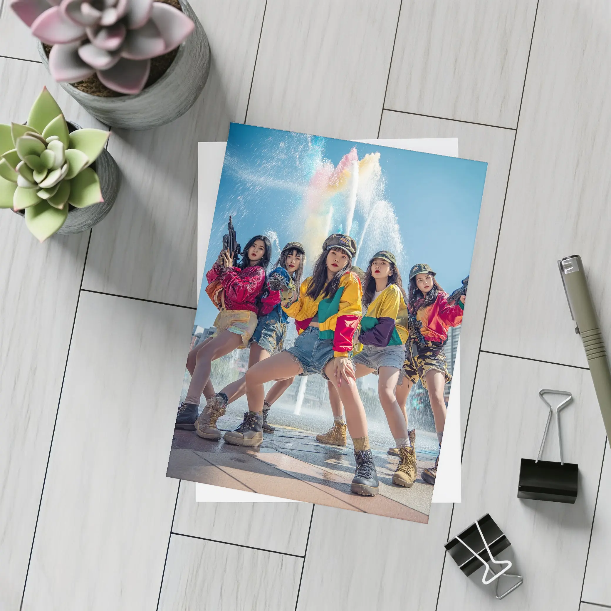 K-Pop Girls Squad Urban Fountain Scene – Postcards
