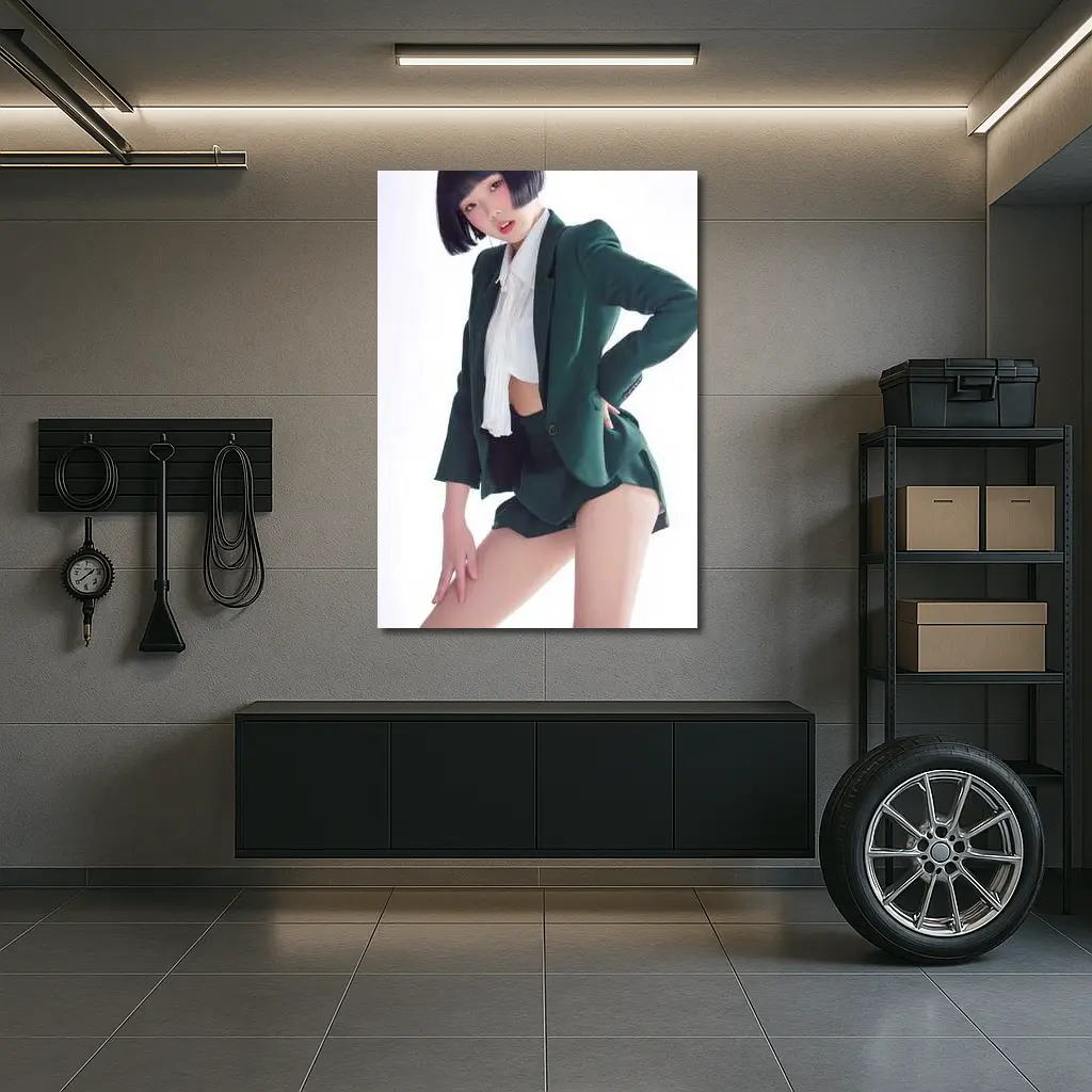 Young Woman Green Blazer Shorts White Background – Wall Art