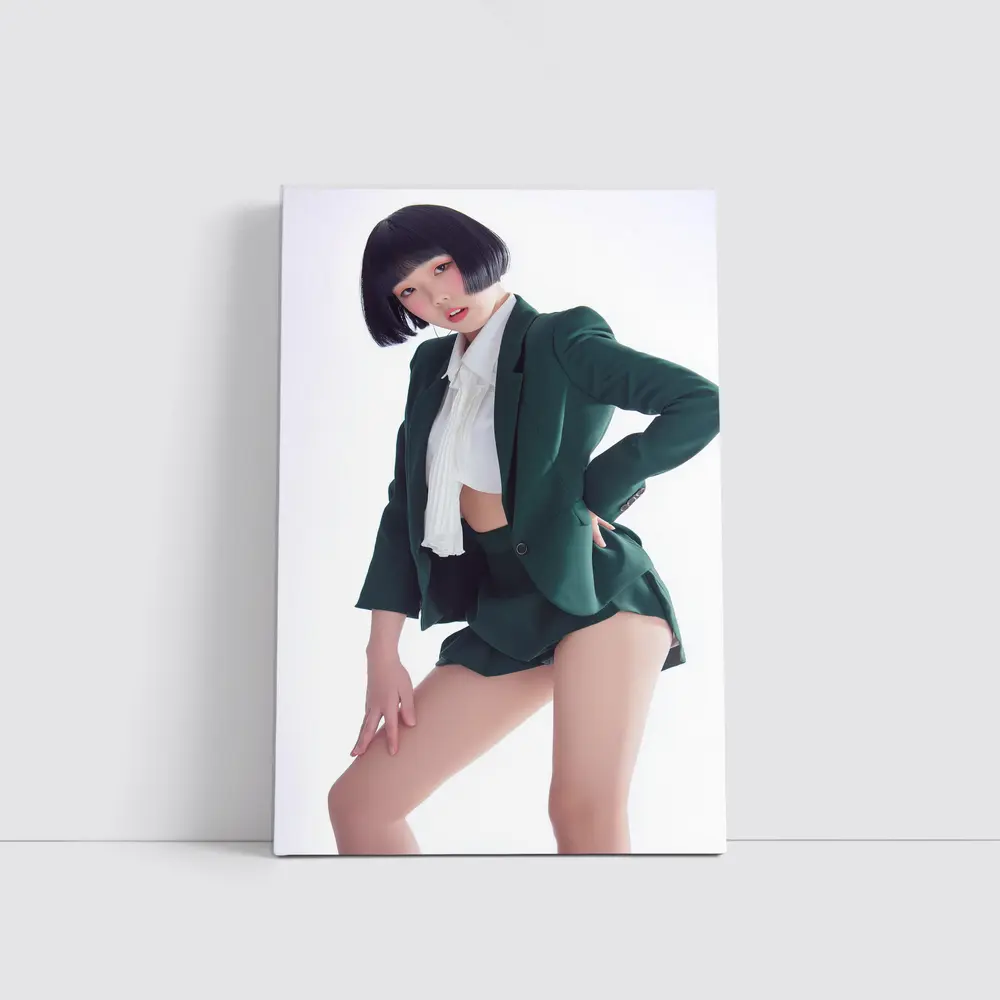 Young Woman Green Blazer Shorts White Background – Wall Art