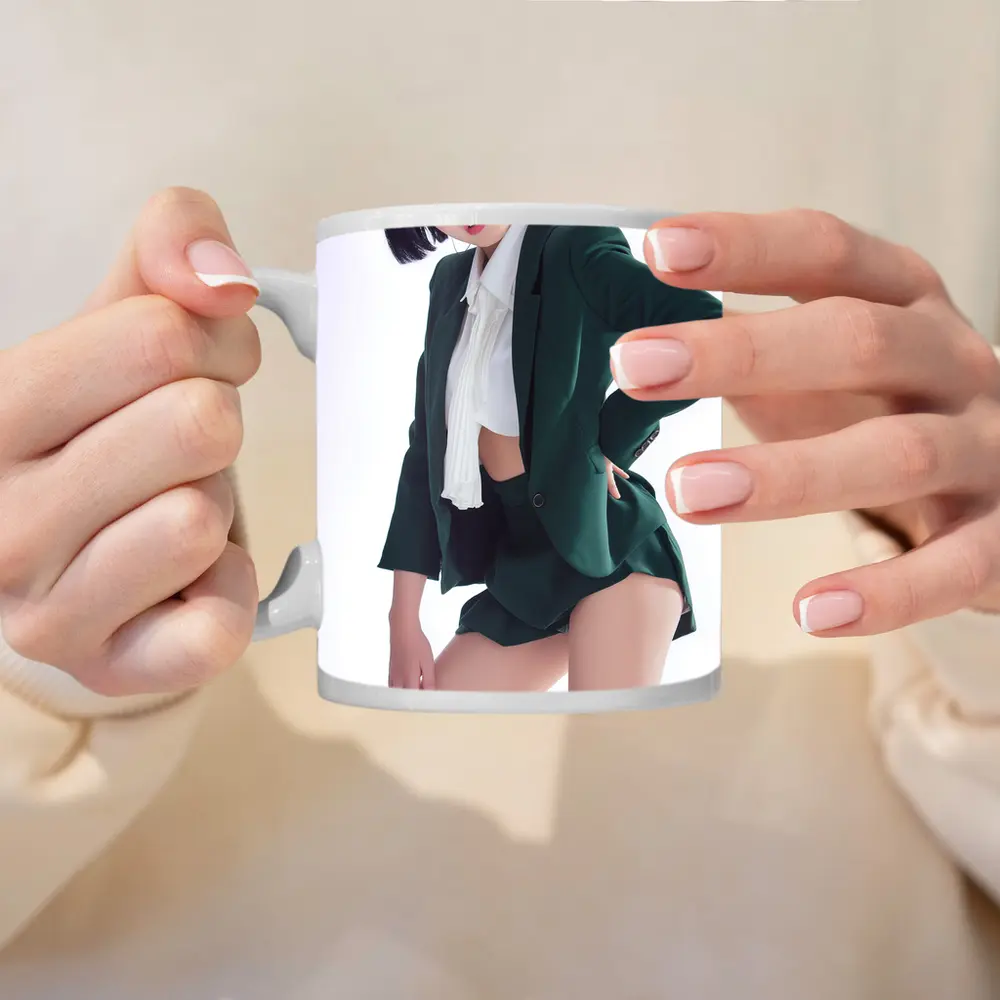 Young Woman Green Blazer Shorts White Background – Mugs
