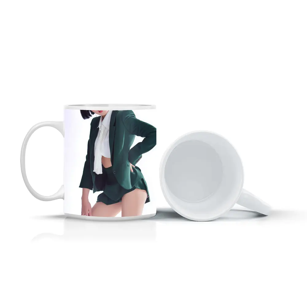 Young Woman Green Blazer Shorts White Background – Mugs