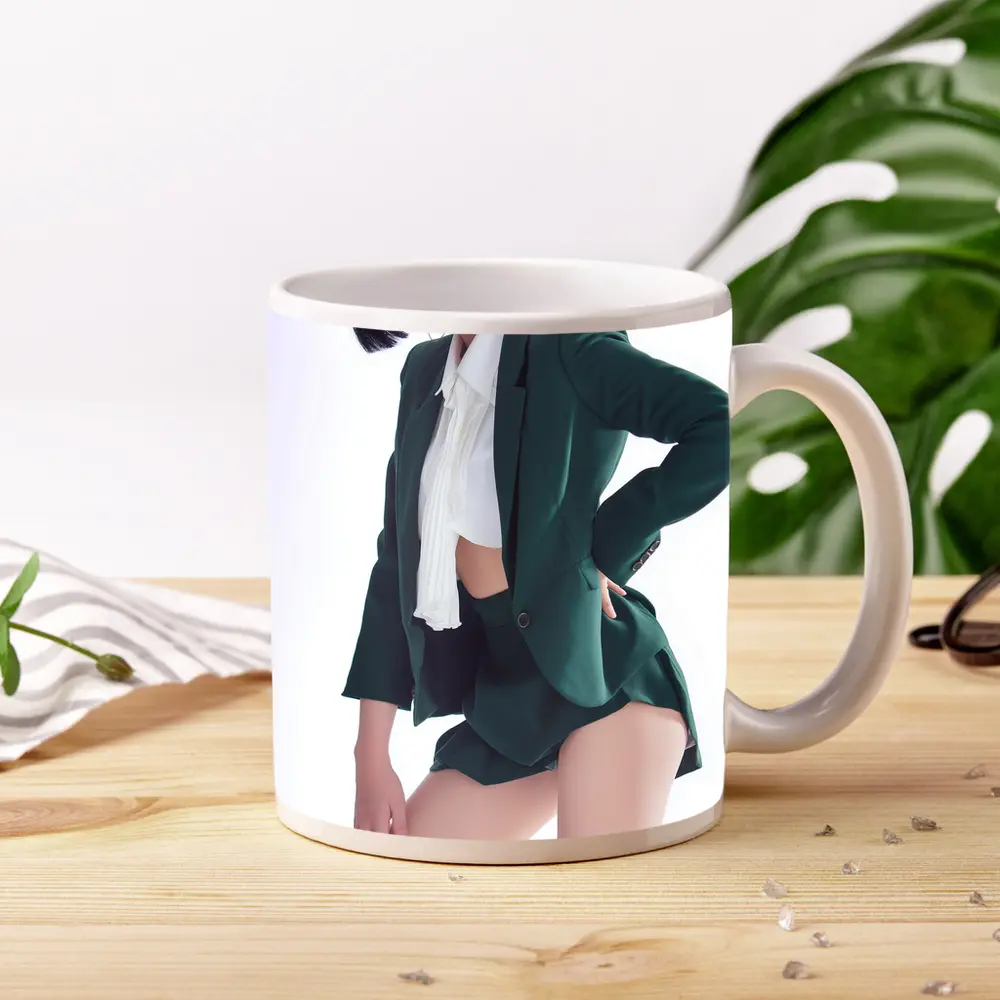 Young Woman Green Blazer Shorts White Background – Mugs