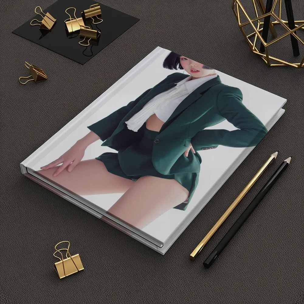 Young Woman Green Blazer Shorts White Background – Notebooks