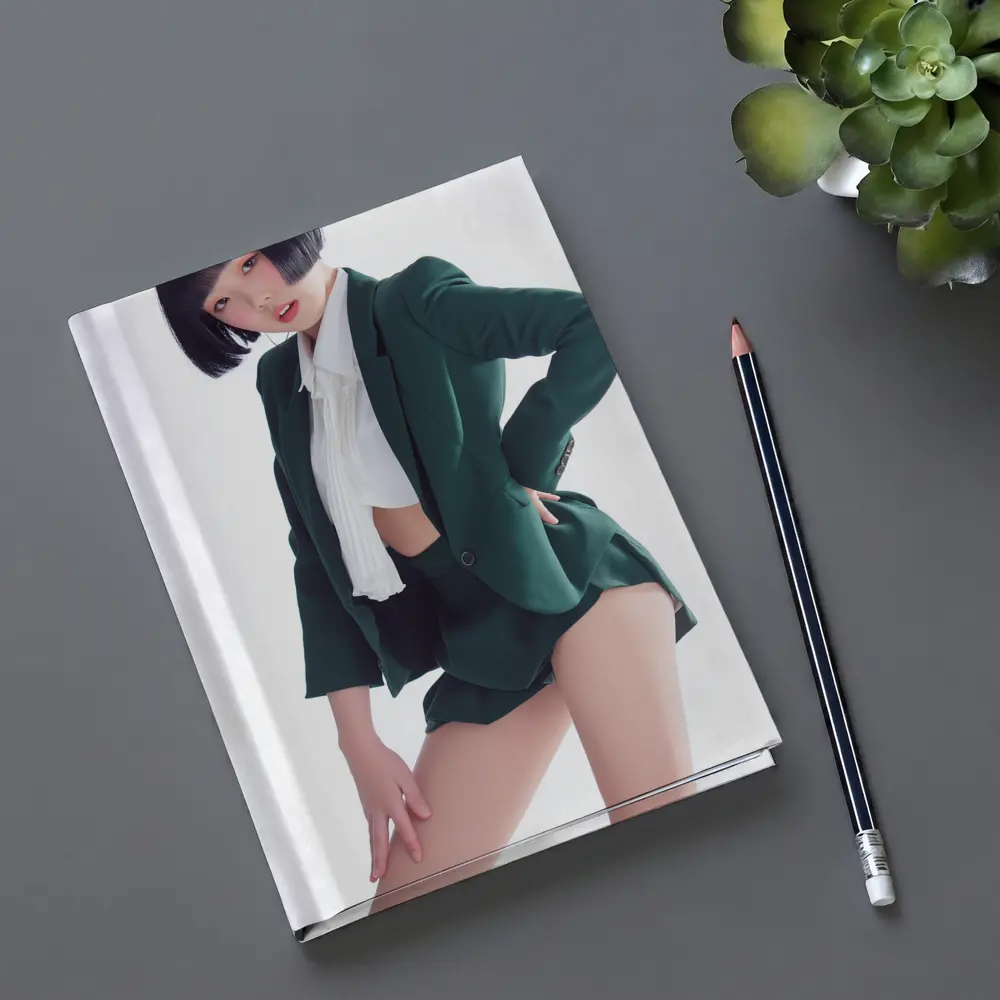 Young Woman Green Blazer Shorts White Background – Notebooks