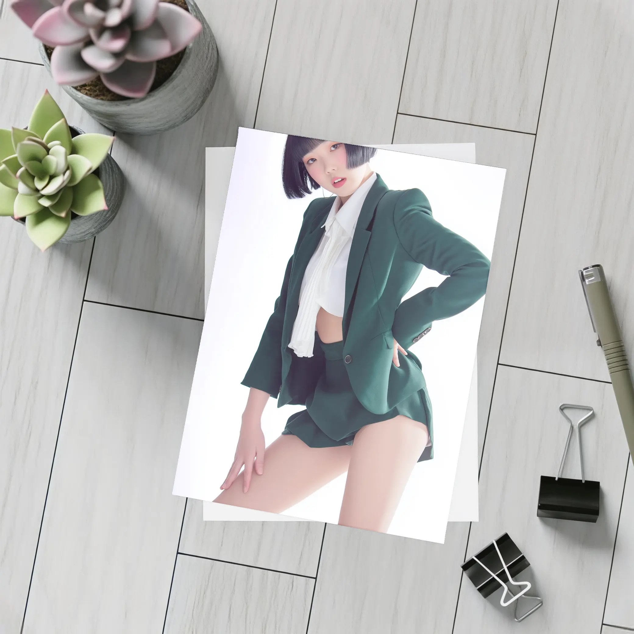 Young Woman Green Blazer Shorts White Background – Postcards