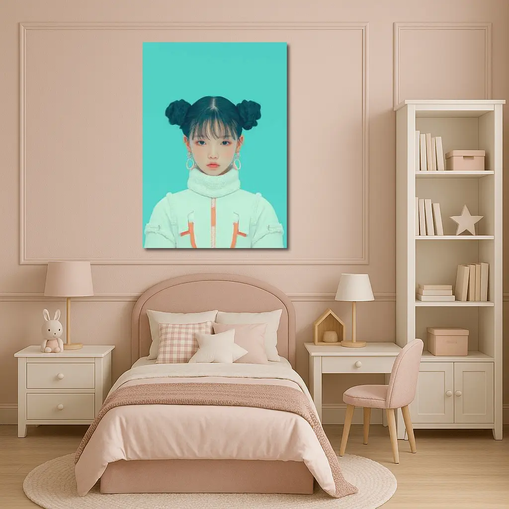 K-Pop Girl Space Jacket Teal Background – Wall Art