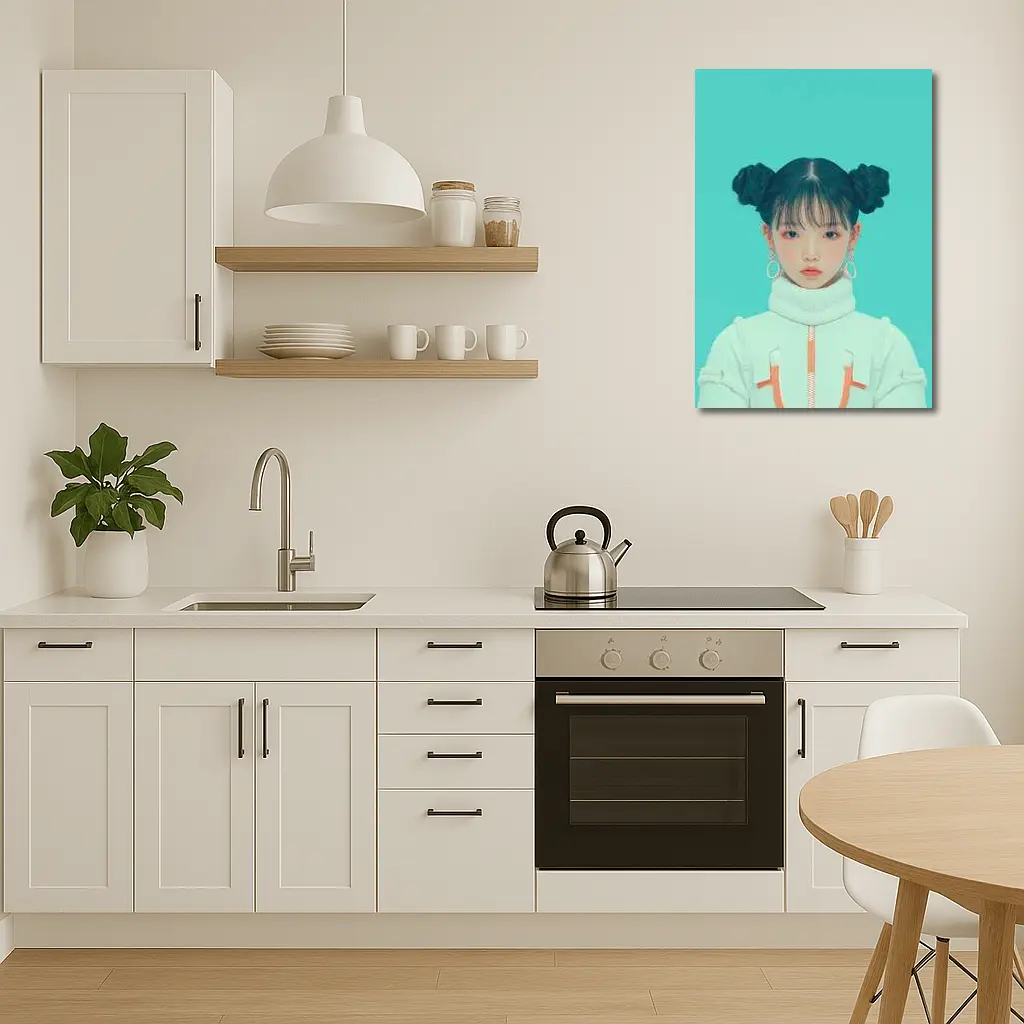 K-Pop Girl Space Jacket Teal Background – Wall Art