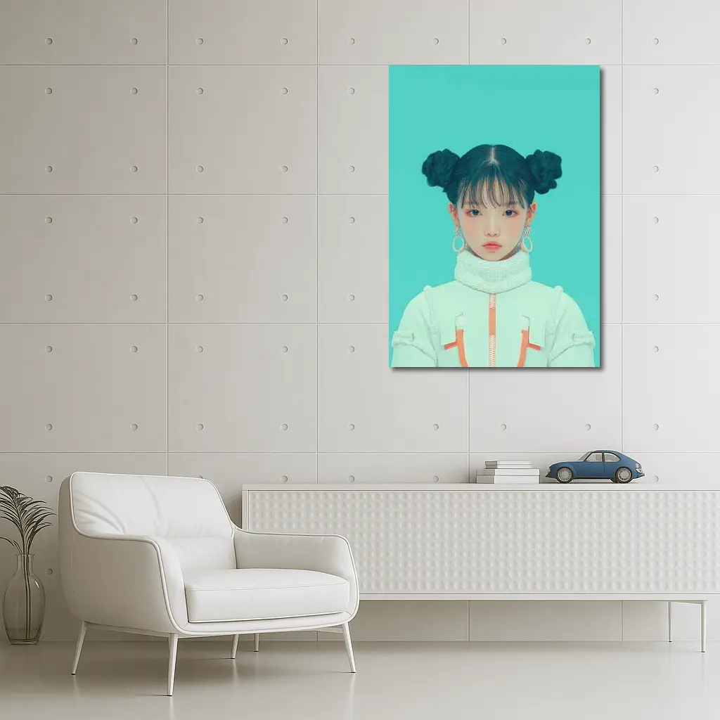 K-Pop Girl Space Jacket Teal Background – Wall Art